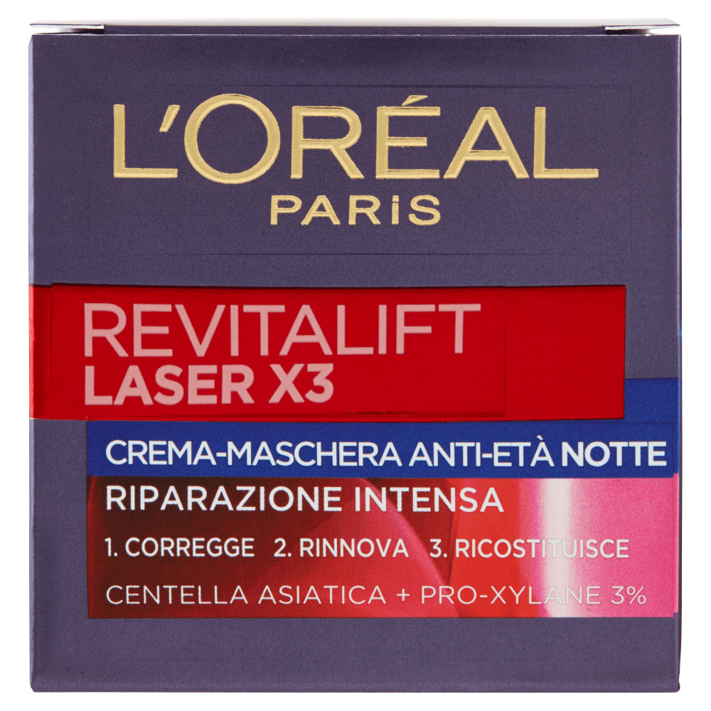 L'Oréal Paris Crema Viso Notte Revitalift Laser X3 Azione Antirughe Anti-Età con Acido Ialuronico e Pro-Xylane 50 ml