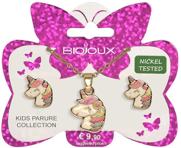 Bjs008 Parure Orecchini+Collanina Smiling Unicorn Gold Plated