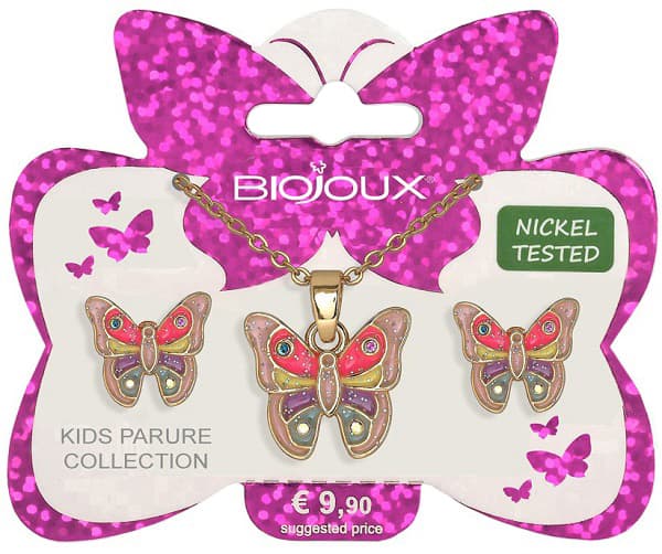 Bjs009 Parure Orecchini+Collanina Pink Butterfly Gold Plated