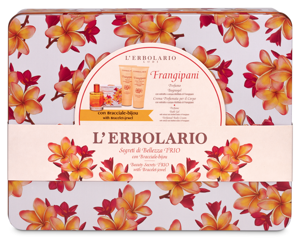 Frangipani segreti di bellezza trio 1 profumo 50 ml + 1 bracciale + 1 bagnogel 100 ml + 1 crema corpo 100 ml edizione limitata