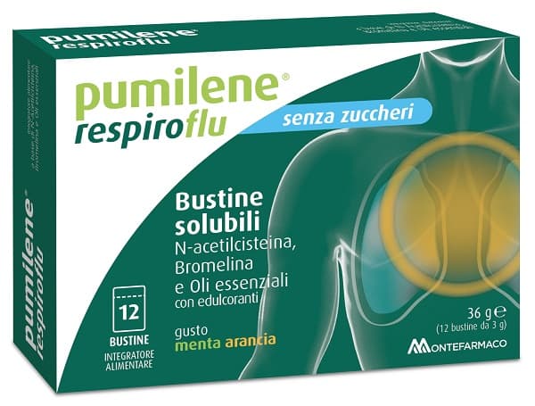 Pumilene Respiroflu Senza Zucchero 12 Bustine Gusto Menta Arancia 36 G