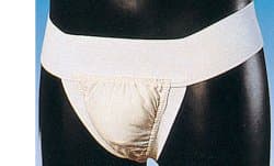 SOSPENSORIO ELASTICIZZATO MISURA 2 CON FASCIA ADDOMINALE ALTA 6CM, REALIZZATO IN COTONE JERSEY ED ELASTICO. BORSA TRIANGOLARE POLIESTENSIVA DI COTONE