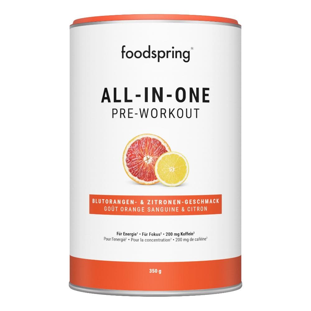 All In One Pre Workout - FoodSpring - Integratore Pre Allenamento Arancia Rossa e Limone 350g-SCADENZA 12/2025