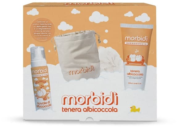 Morbidì Tenera Albicoccola Cofanetto con Spugna + Bagnodoccia Albicoccola +Detergente viso e Beauty Case in Regalo