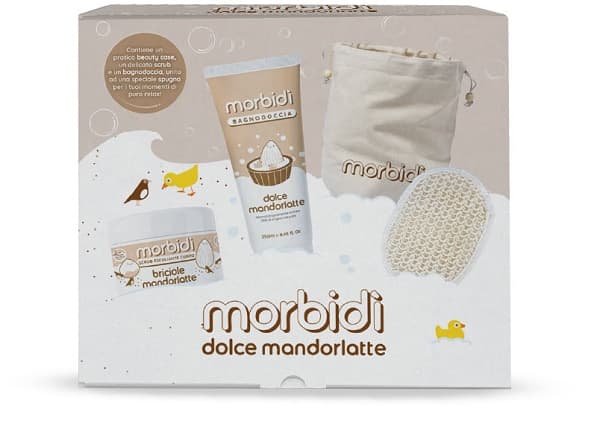 Morbidì Dolce Mandorlatte Cofanetto con Spugna esfoliante + Bagnodoccia Mandorlatte + Scrub e Beauty Case in Regalo