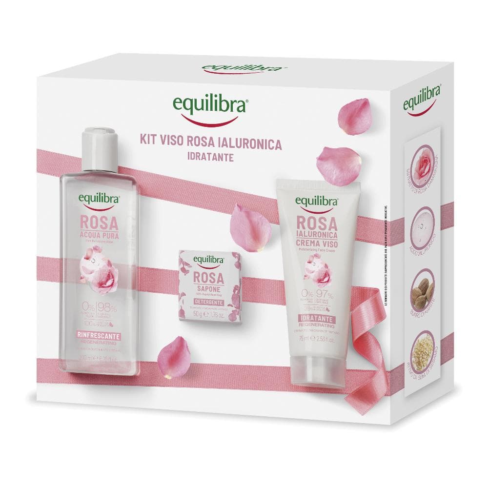 Equilibra Kit Viso Rosa Ialuronica Idratante Crema Viso + Acqua Pura Rinfrescante + Sapone Detergente