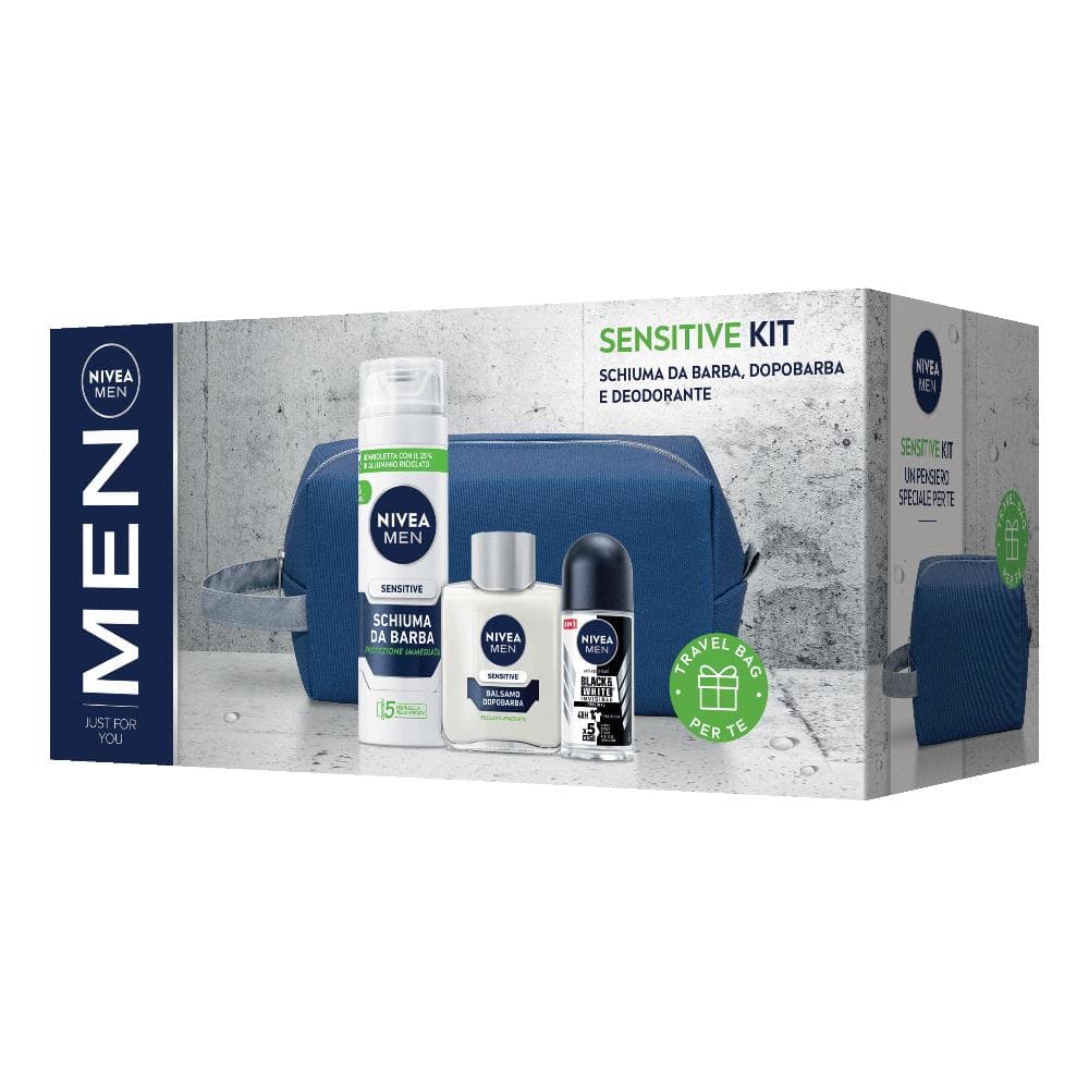 Nivea men sensitive kit 2023 schiuma barba 200 ml + balsamo dopobarba 100 ml + black&amp;white invisible deodorante roll-on 50 ml + travel bag