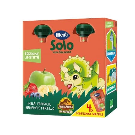 Hero Solo Pouch Multipack Mela Banana Fragola e Mirtilli Bio Merenda per Bambini 4 pezzi da 100 g