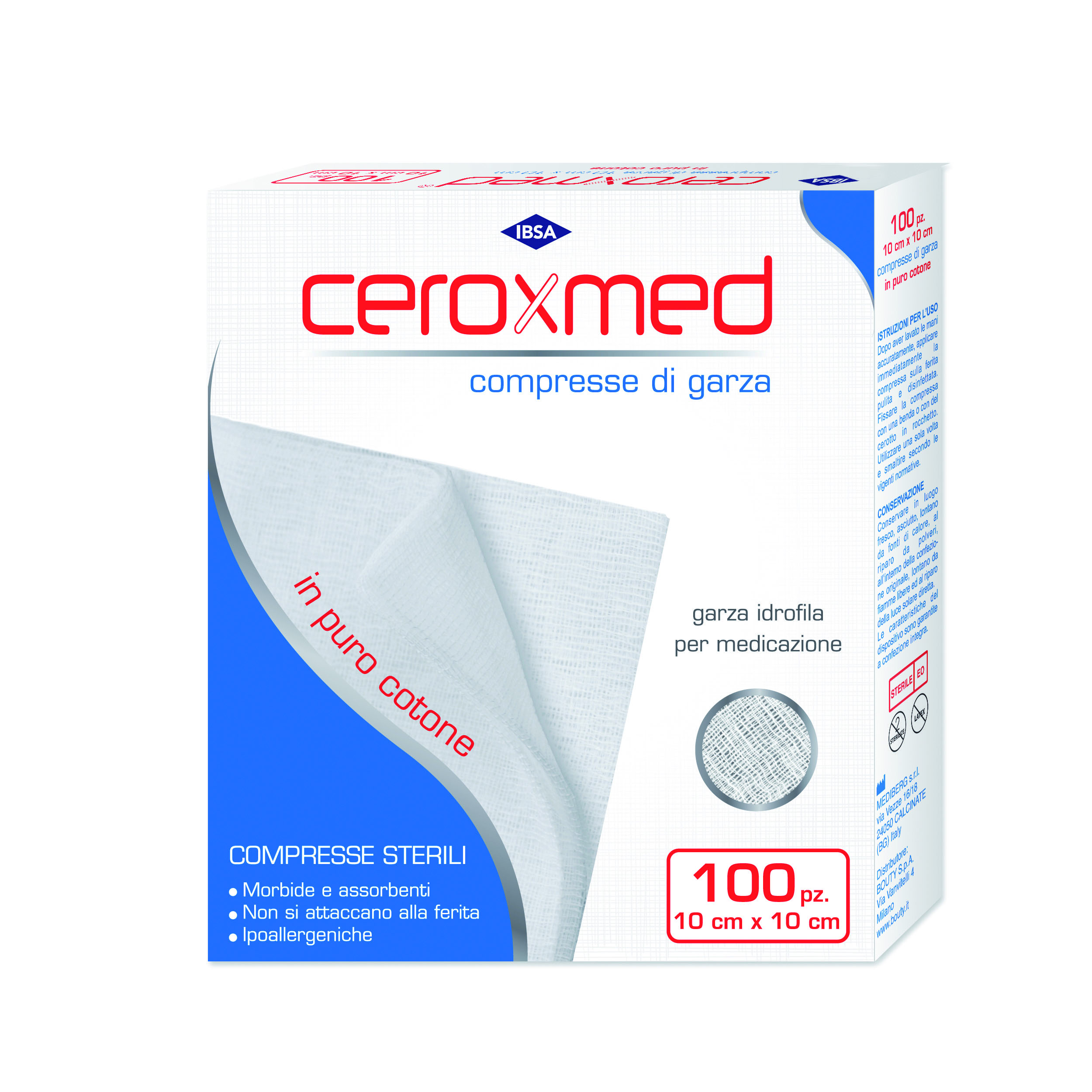 Ceroxmed Compresse di Garza Sterili in Puro Cotone 10x10 cm 100 Pezzi