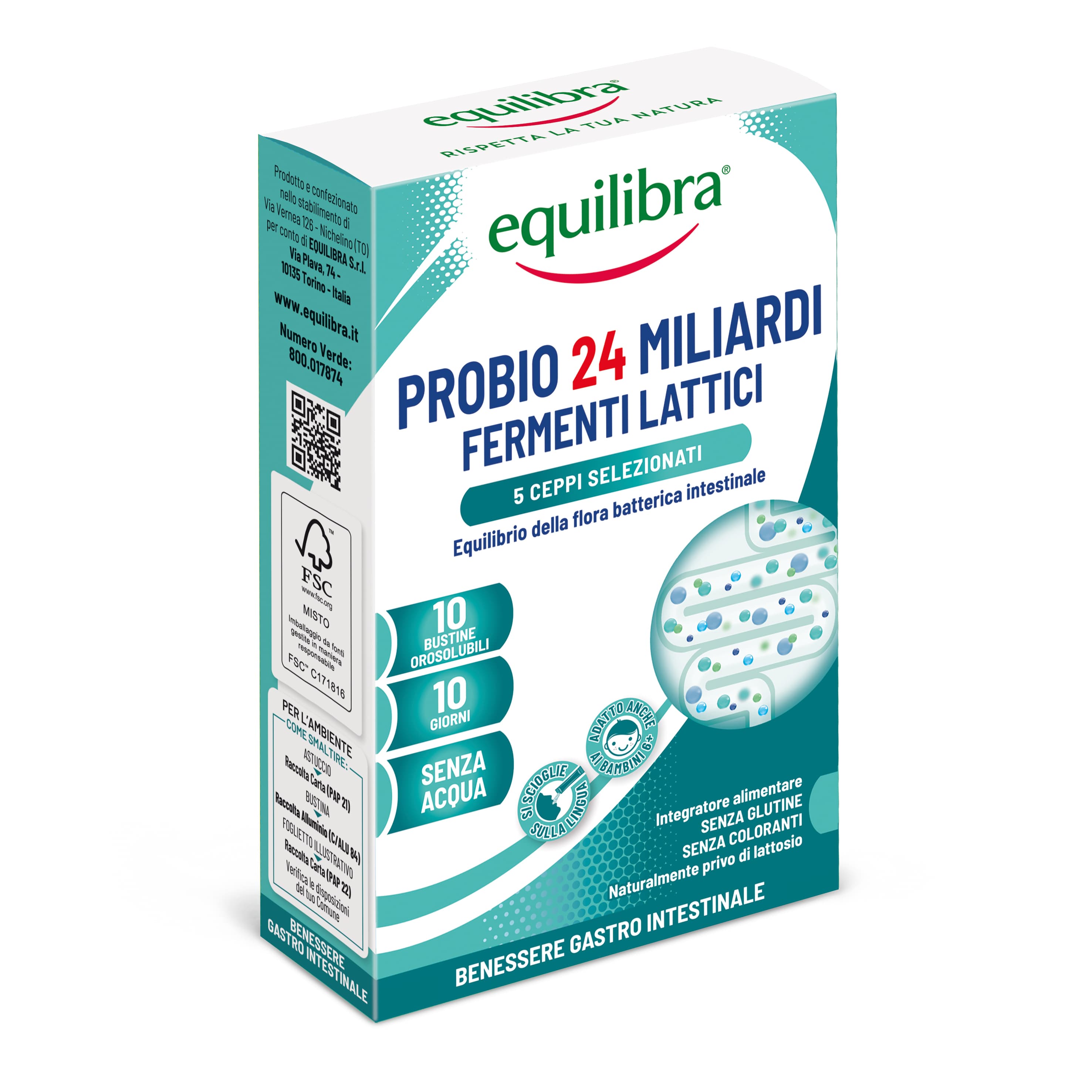 Equilibra Probio 24 Miliardi di Fermenti Integratore Equilibrio Intestinale 10 Stickpack Orosolubili