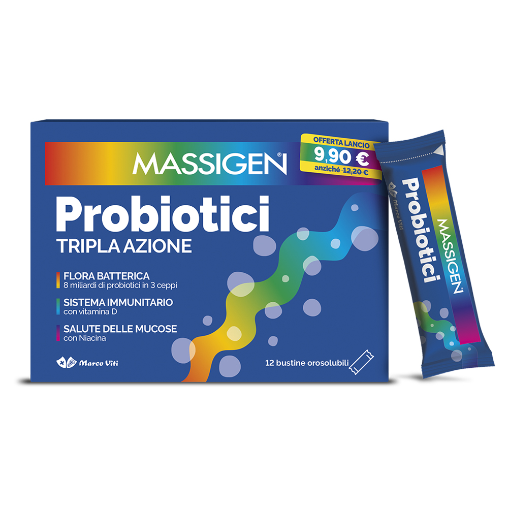 Massigen Probiotici Tripla Azione Fermenti Lattici Integratore per Flora Batterica e Sistema Immunitario 12 Stickpack
