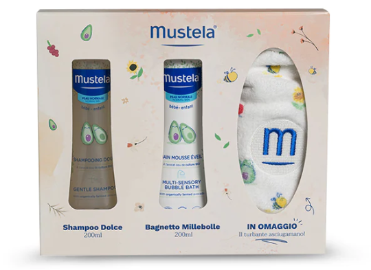 Mustela Cofanetto Bagnetto Turbante + Shampoo Dolce 200 ml + Bagnetto Millebolle 200 ml