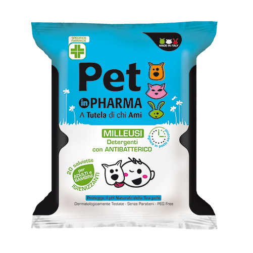 Pet in pharma salviette umidificate igienizzanti con antibatterico per adulti e bambini 20 pezzi