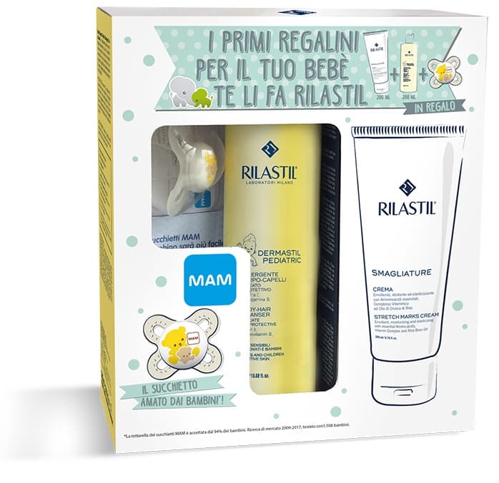 Cofanetto primi regalini con rilastil smagliature + rilastil dermastil pediatric detergente corpo e capelli + succhietto mam 0-2 omaggio