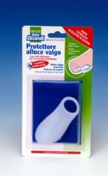 PROTETTORE ALLUCE VALGO REALIZZATO IN GEL DI SILICONE BIANCOSEMITRASPARENTE SAGOMATO PER AVVOLGERE LA PARTE DOLENTE E SENSIBILE