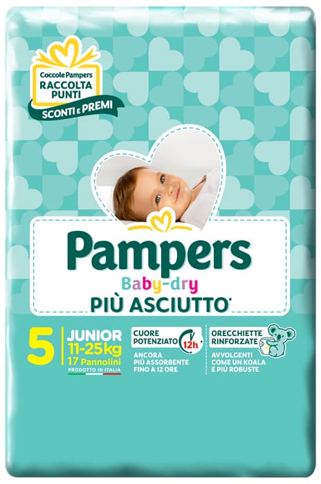 PANNOLINI PER BAMBINI PAMPERS BABY DRY DOWNCOUNT NO FLASH JUNIOR 17 PEZZI