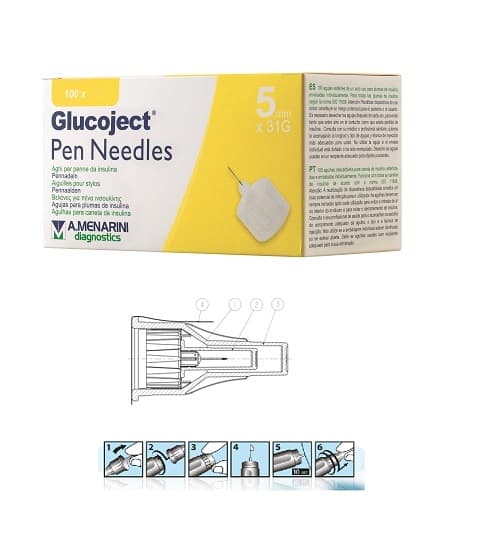 Glucoject Pen Needles 31G 5mm Aghi per Penne da Insulina 100 Pezzi