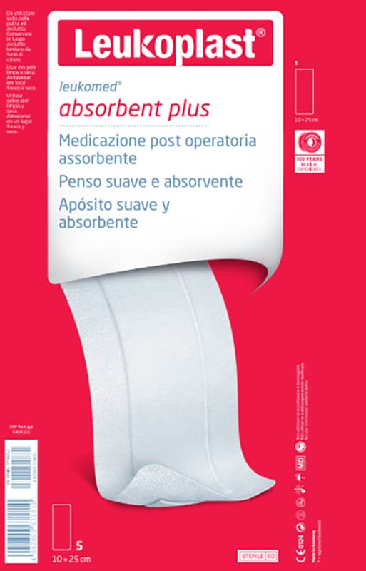 Leukoplast Absorbent Plus Medicazione Post Operatoria Assorbente TNT 10x25cm 5 Pezzi