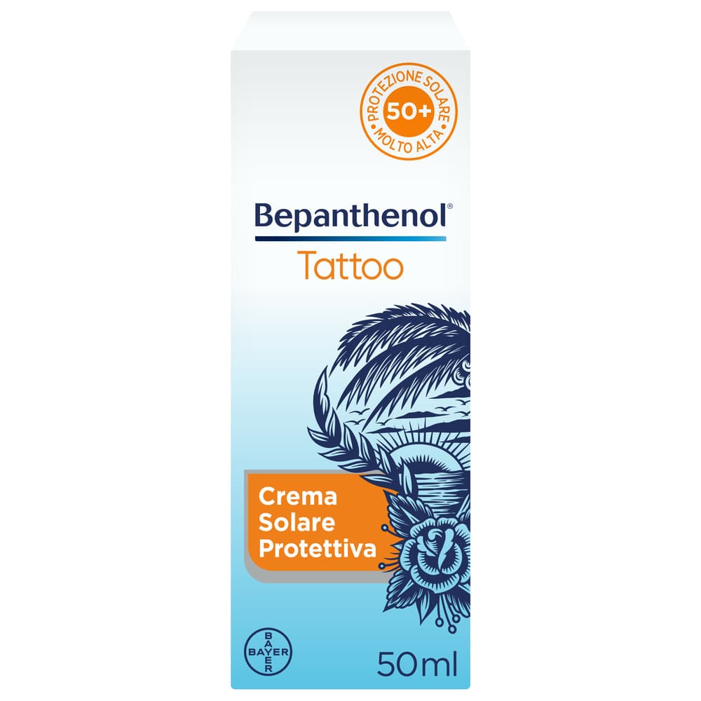Bepanthenol Tattoo Crema con Protezione Solare Molto Alta SPF50+ per Tatuaggio 50ml
