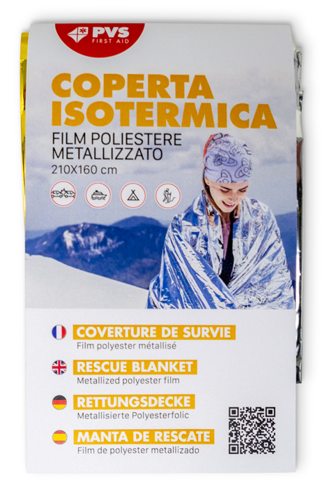 Coperta isotermica in film di poliestere con alluminio lato argento protezione da caldo lato oro protezione da freddo dimensioni 210x160 cm peso 63 g