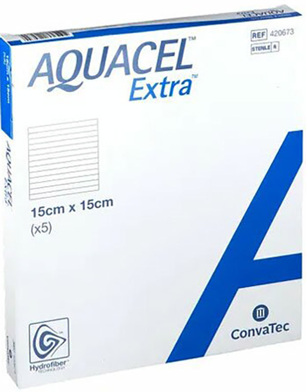 Medicazione in hydrofiber e ioni argento intessuta in lyocell aquacel ag extra drs 15x15cm 5 pezzi
