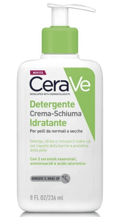 CeraVe Detergente Crema-Schiuma Idratante Deterge ed Idrata. Con 3 Ceramidi Essenziali, Acido Ialuronico e Tecnologia MVE 236 ml