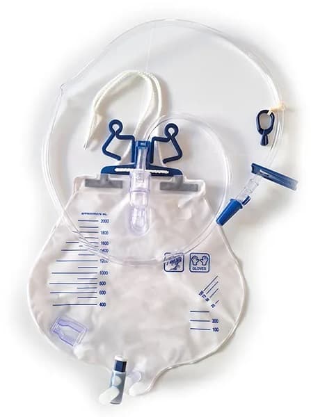 Sacca drenaggio urinario a circuito chiuso, capacita' 2000ml, con camera di gocciolamento, doppio filtro aria, fascetta per fissaggio al letto, strigitubo e fermatubo al lenzuolo