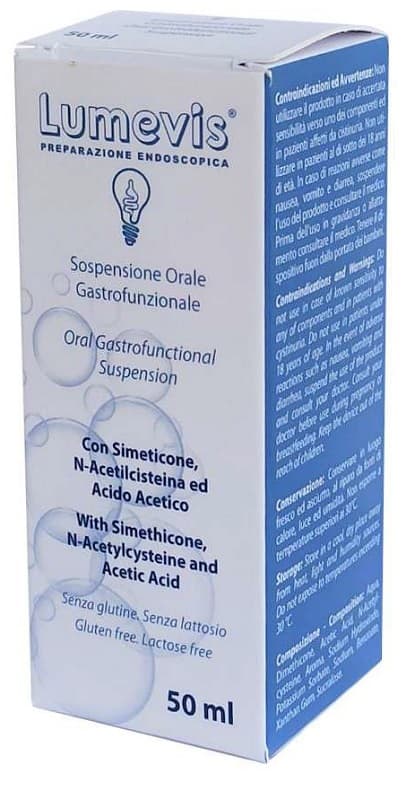 Lumevis sospensione orale monouso a base di simeticone n-acetilcisteina e acido acetico da utilizzare in preparazione di esami clinici ambito gastroscopico 50 ml