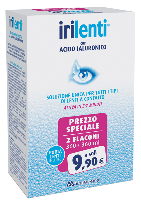 Soluzione unica per lenti a contatto irilenti con acido ialuronico 2 flaconi da 360 ml + 360 ml