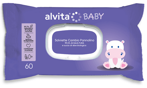 Alvita Baby Salviette Cambio Pannolino Pure Water Con Acqua Pura e Succo di Aloe Bio 60 Pezzi