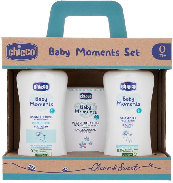Chicco baby moments set bagnoschiuma pelli delicate 200 ml + shampoo pelli delicate 200 ml + acqua di colonia baby smell pelli delicate 100 ml
