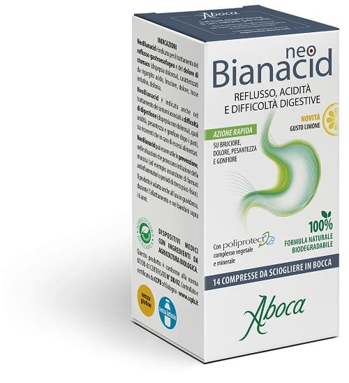 Aboca NeoBianacid Reflusso Acidità Difficoltà Digestive Gusto Limone, 14 Compresse
