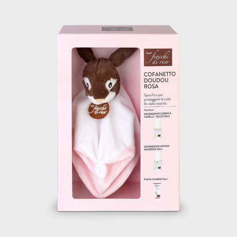 Fiocchi di riso cofanetto doudou bimba rosa minisize pasta cambio 15 ml + minisize intimo mioderm 50 ml + minisize detergente corpo capelli talco 50 ml + doudou fiocco rosa