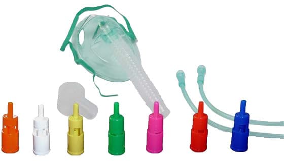 Maschera Morbida A Concentrazione Variabile Con Sistema Venturi Completa Di Kit Con 7 Raccordi Colorati E Tubo Di Collegamento Antischiacciamento Adulti 1 Pezzo