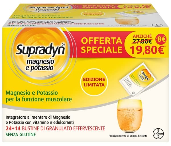 Supradyn magnesio/potassio sport edition 1 supradyn magnesi o&amp;potassio 24 buste + 1 supradyn magnesio&amp;potassio 14 buste marsupio omaggio