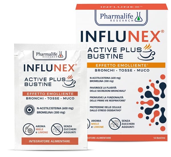 Influnex Active Plus Emolliente Integratore per Alleviare Tosse e Raffreddore 14 Bustine