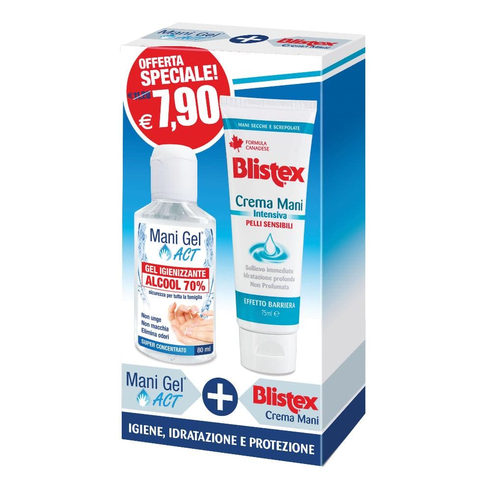 Mani curate confezione promo blistex crema mani intensiva pelli sensibili 75 ml + mani gel active igienizzante alcoolico 70% 80 ml