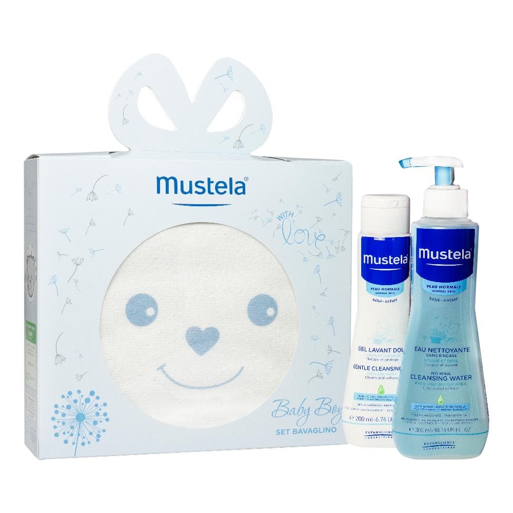 Mustela Trattamenti Delicati per Mamme e Bambini Cofanetto Set Bavaglino + Fluido Detergente + Detergete Delicato Rosa