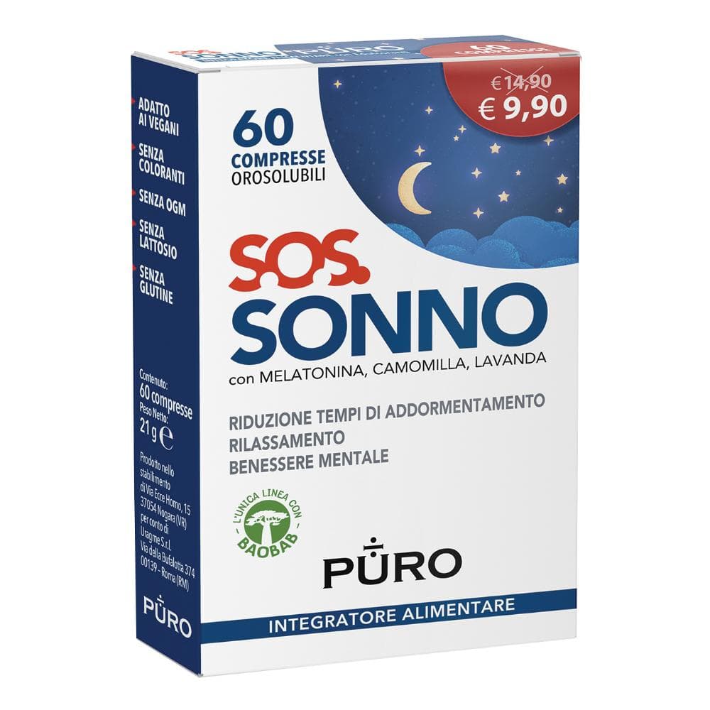 Puro SOS Sonno Integratore Relax e Benessere Mentale, 60 Compresse Orosolubili