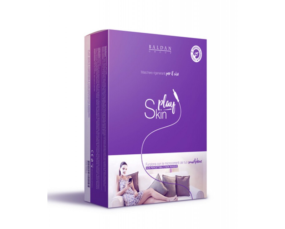Play skin trattamento rigenerante viso kit contenente 5 single use masks + 10 single use electrodes + 10 double sided adhesive disks + 1 connecting cable + 1 renjuvenating cream 50