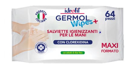 Germol Wipes+  Salviettine Igienizzanti Mani Con Clorexidina 64 Pezzi