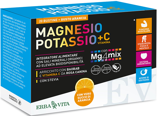 Erba Vita Magnesio e Potassio + Vitamina C Integratore Gusto Arancio 20 Bustine