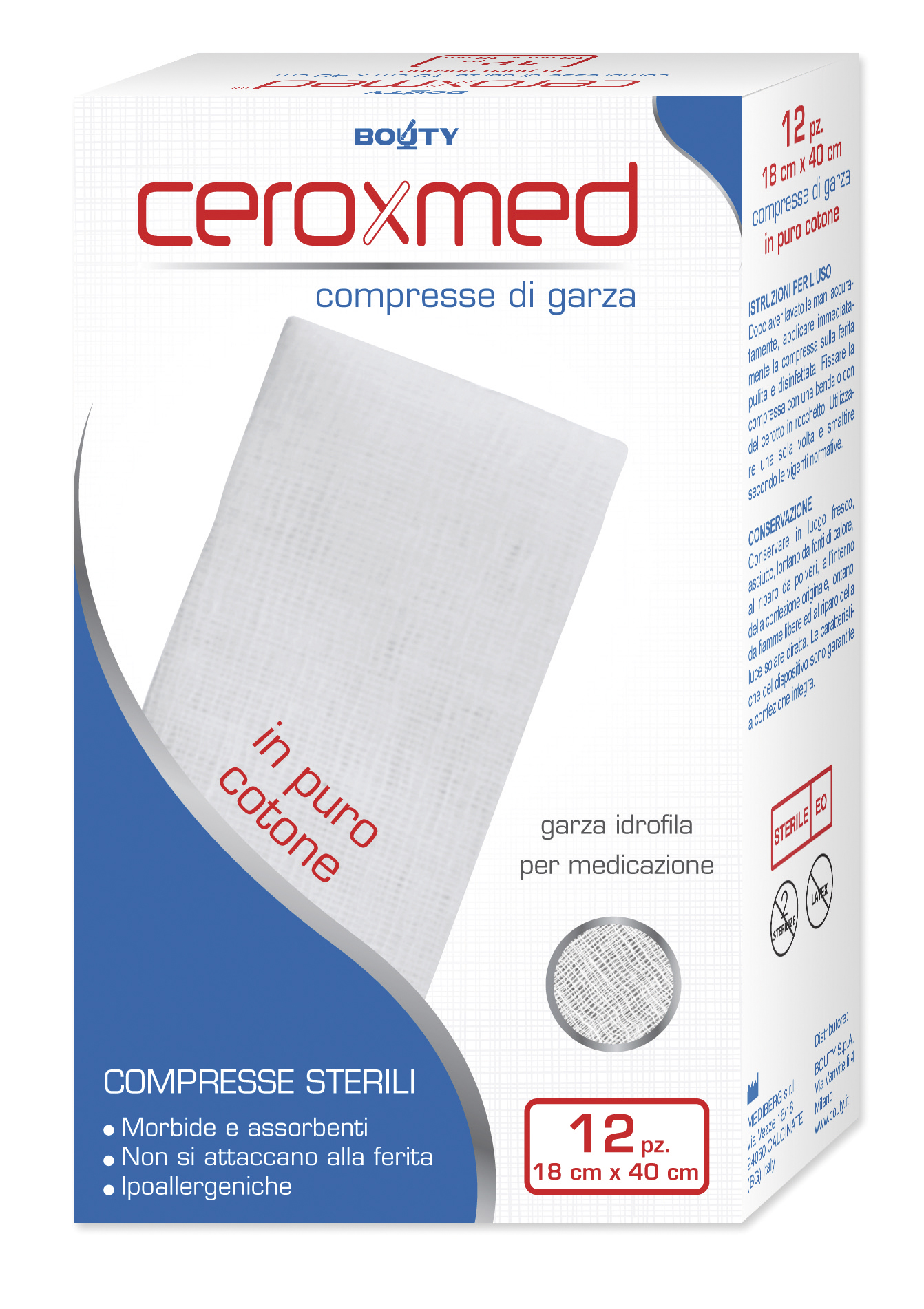 Ceroxmed Compresse di Garza Sterili In Puro Cotone 18x40 cm 12 Pezzi
