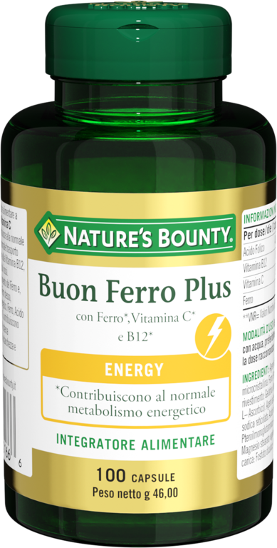 Nature's Bounty Buon Ferro Plus Integratore Metabolismo Energetico 100 Caspule