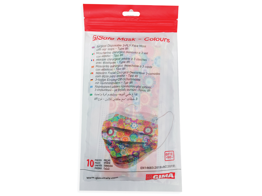 Gisafe Mascherina Chirurgica Filtrante 98% 3 Veli Tipo Iir Con Elastici - Adulti - Colors - Flowpack (Conf. 10 Pz.)