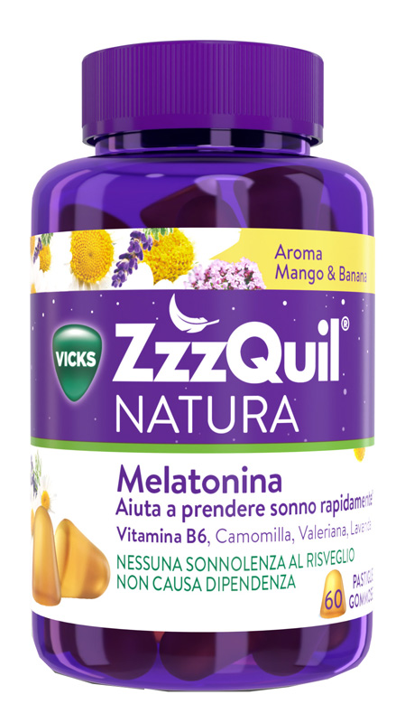 ZzzQuil Natura Melatonina Integratore per Dormire, Gusto Mango e Banana, Con Valeriana, Camomilla, Vitamina B6 e Estratti alle Erbe 60 Gommose