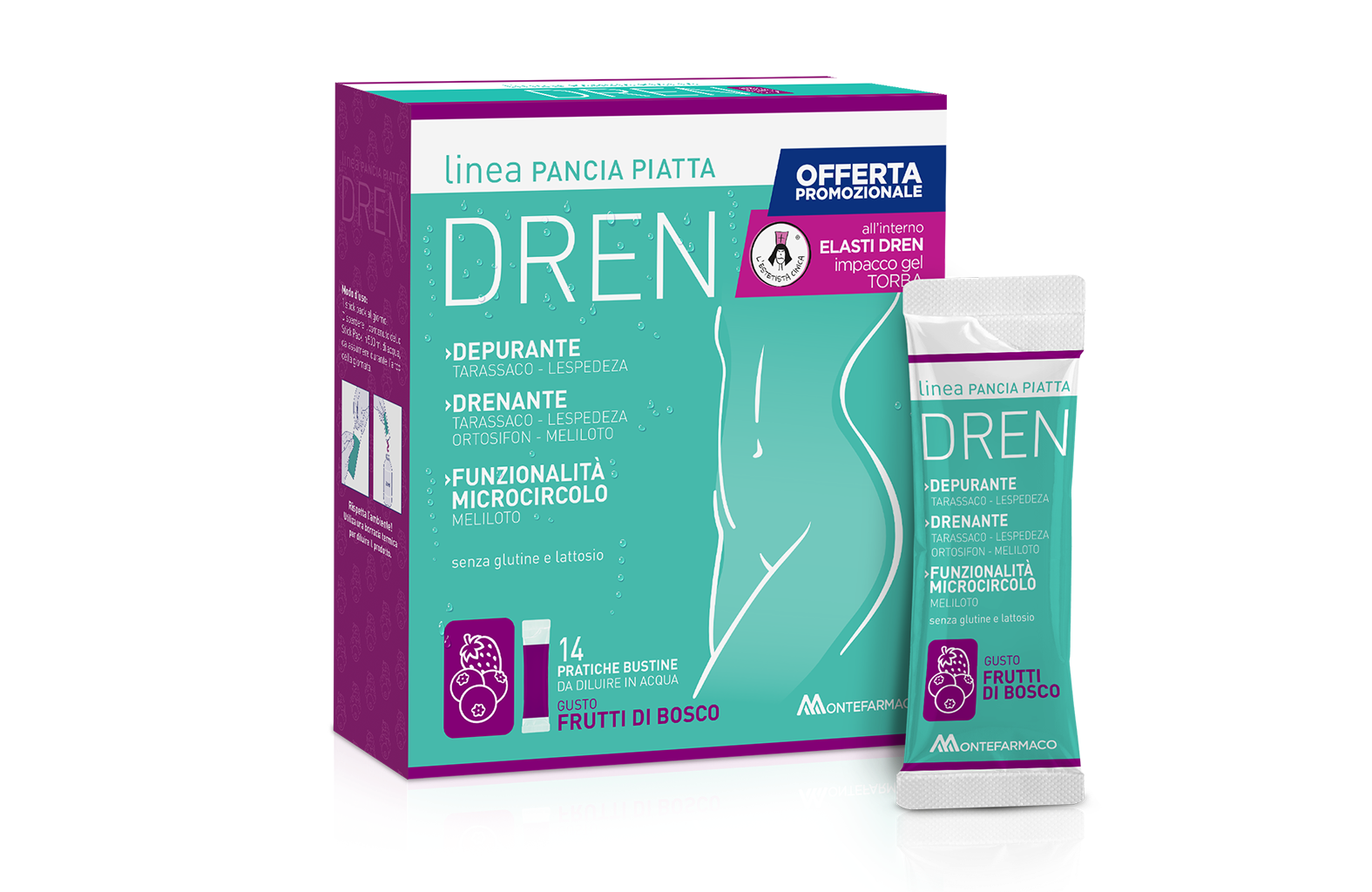Lactoflorene Pancia Piatta Dren Frutti Di Bosco Integratore 14 Bustine + Impacco Gel Torba Omaggio
