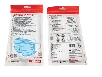 Gisafe Mascherina Chirurgica Filtrante 98% 3 Veli Tipo Iir Con Elastici - Adulti - Azzurra - Flowpack (Conf. 10 Pz.)