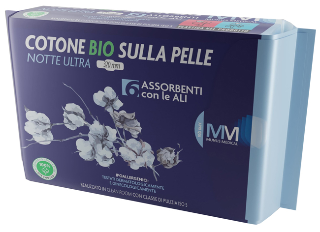 Munus Cotone Bio sulla Pelle - Assorbente notte Ultra 320mm con Ali, 6assorbenti